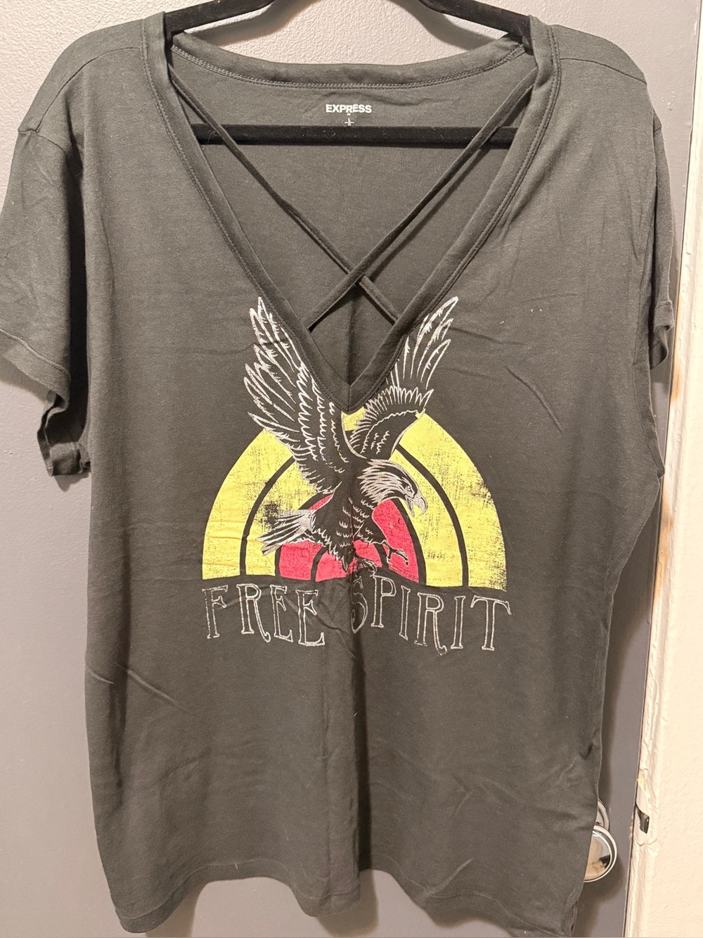 Express Black 'Free Spirit' Crisscross V-Neck Eagle Tee